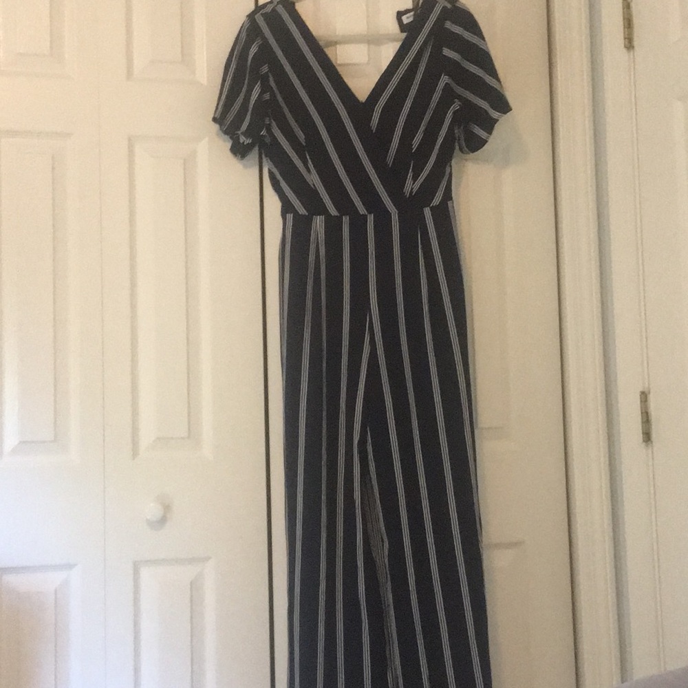 Navy and white striped jumpsuit.